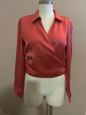 INC International Concepts Coral Silk Wrap Blouse sthg size 10